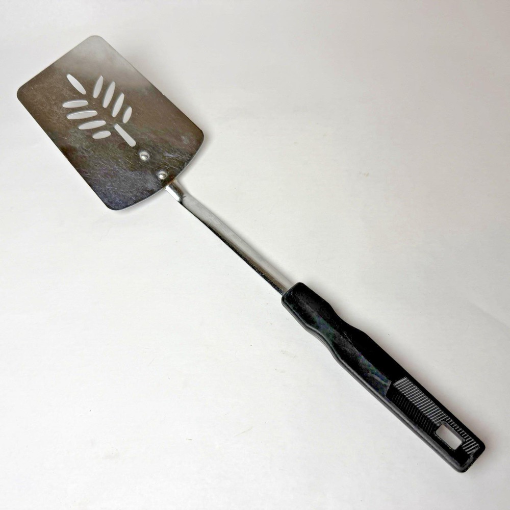 Vintage Slotted Stainless Spatula Black Handle Made in Japan Flipper 13" x 3"